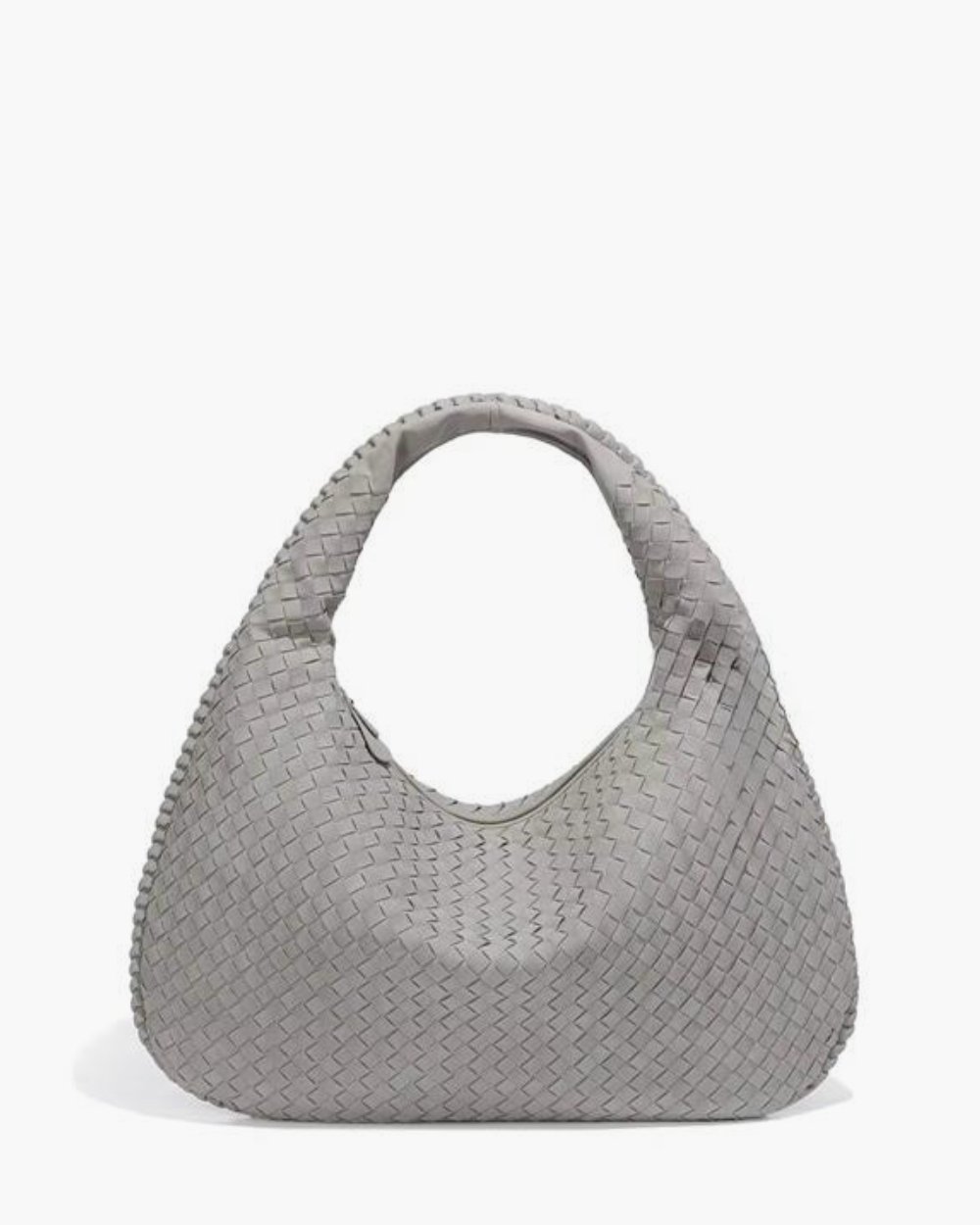 new Light grey suede woven texture shoulder bag with single handle, soft eco-friendly material, and spacious modern design.