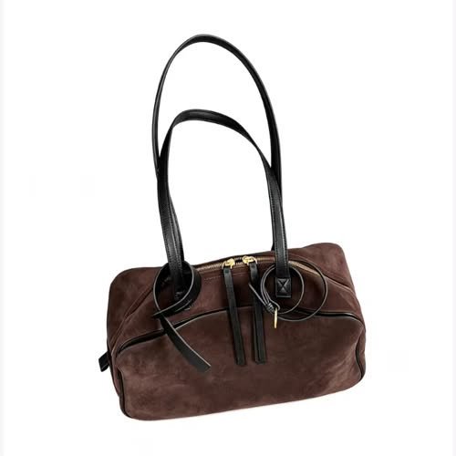 Dark Brown Suede Leather Bag with Black Leather Details